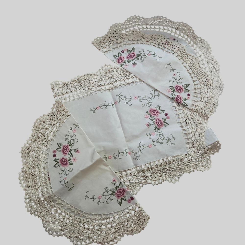 Vintage Cotton Embroidered Floral Lace Table Runner Doily Set 3pc Grandmacore